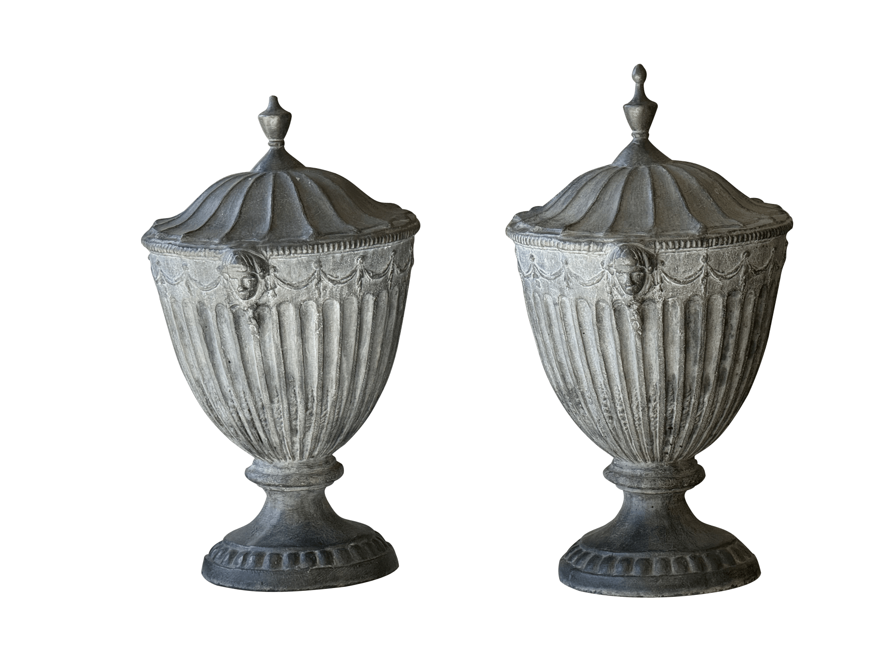 Large English Cast Lead Garden Urns, 19th Century