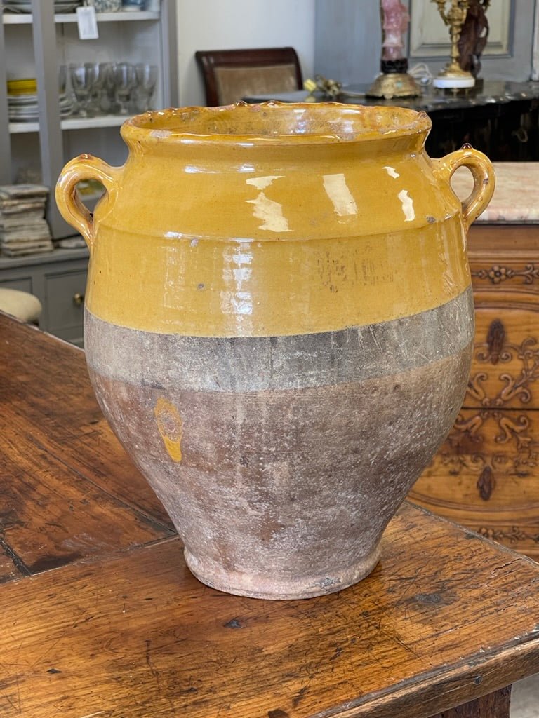 Large French Provincial yellow glazed confit jar - Helen Storey Antiques