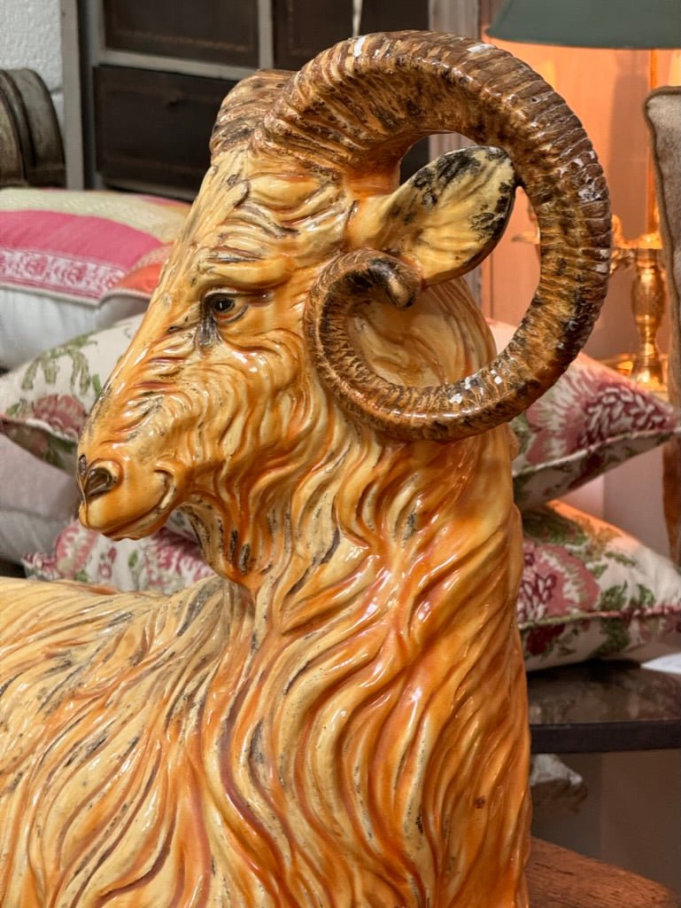 Large Italian Faience Ceramic Ram - Helen Storey Antiques