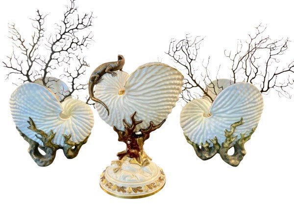 LATE 19TH CENTURY Lizard on Nautilus with PAIR OF PORCELAIN NAUTILUS SHELL VASES - Helen Storey Antiques