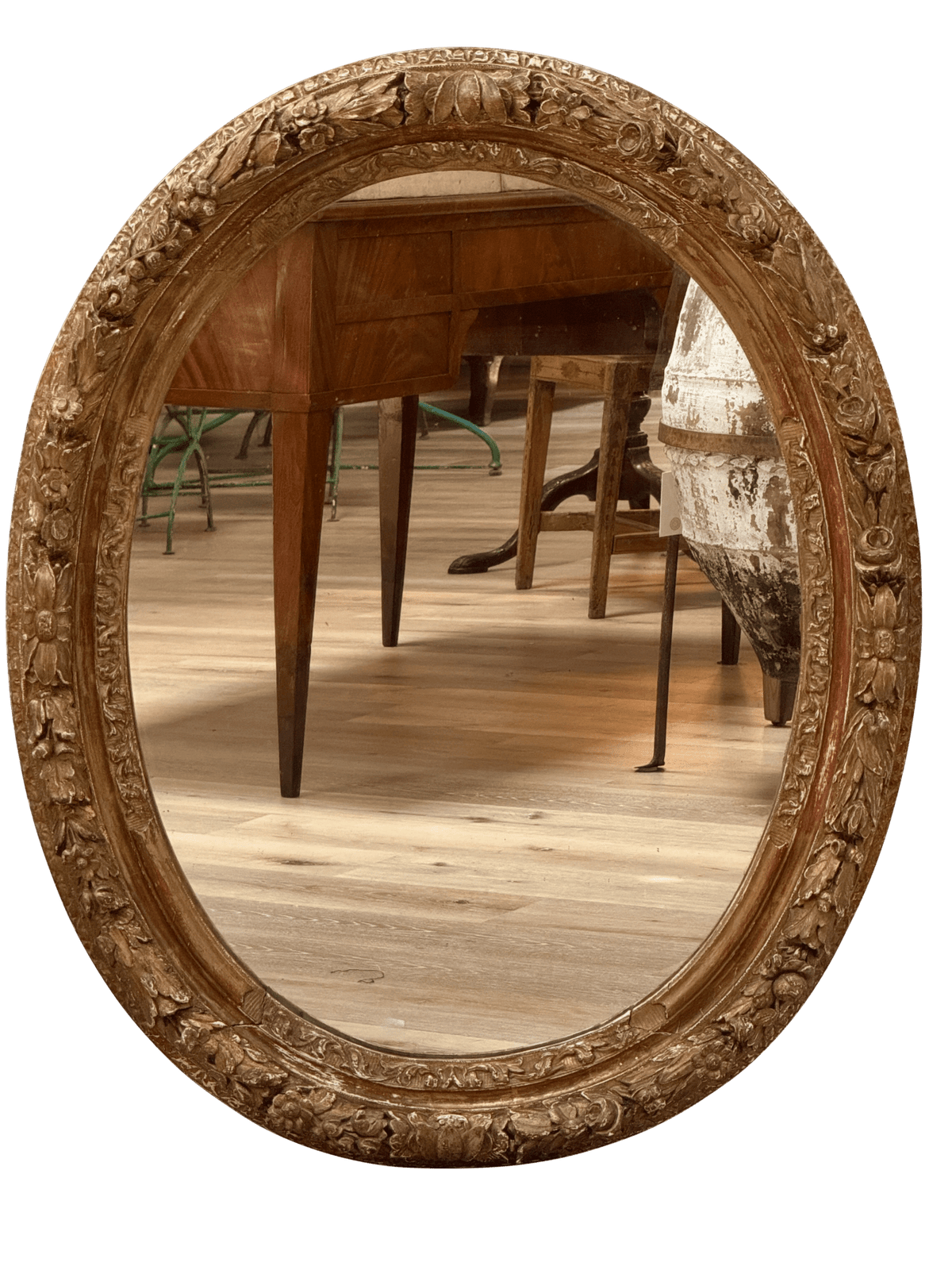 Louis XIV oval mirror with carved floral garlands and ribbons - Helen Storey Antiques