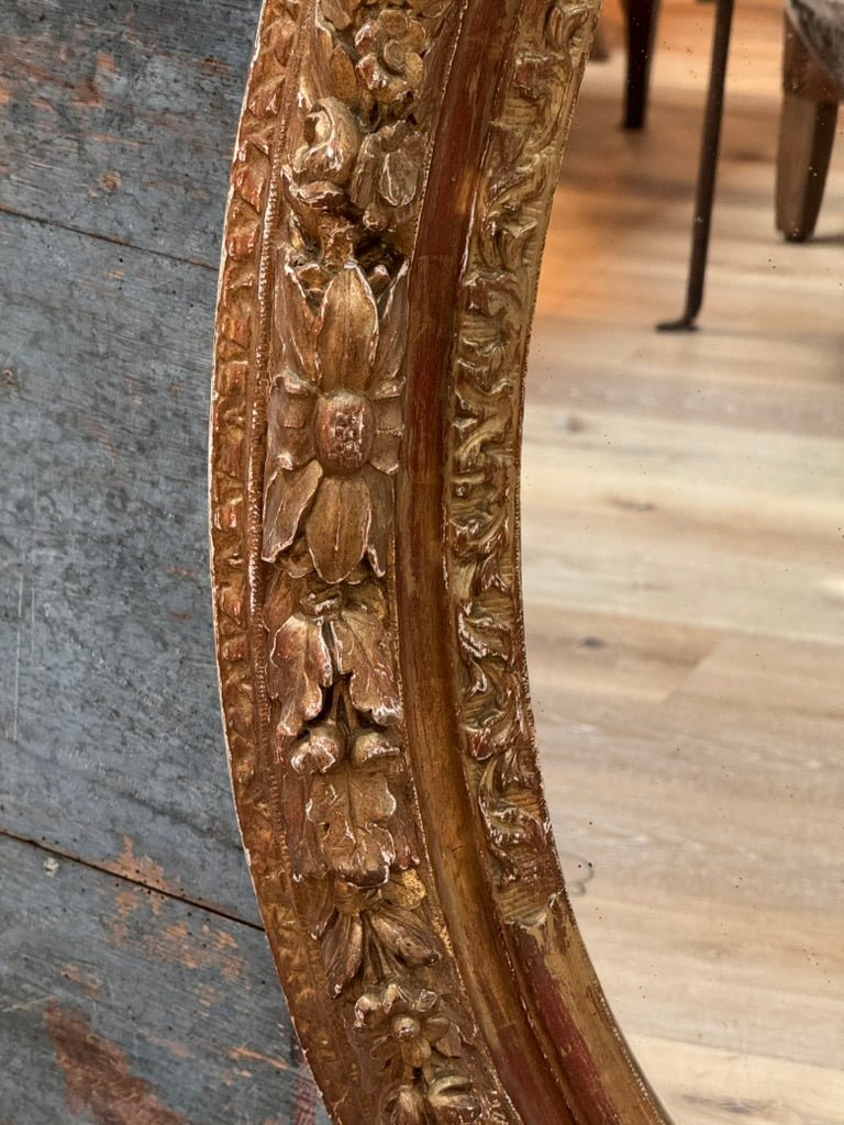 Louis XIV oval mirror with carved floral garlands and ribbons - Helen Storey Antiques