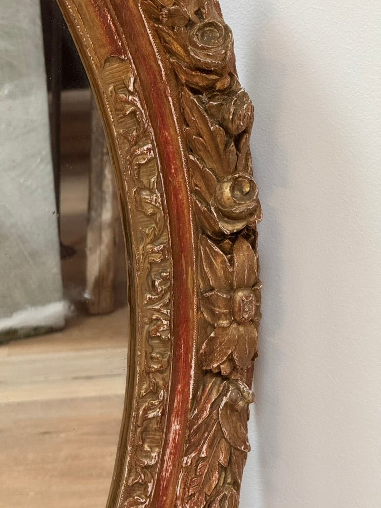 Louis XIV oval mirror with carved floral garlands and ribbons - Helen Storey Antiques