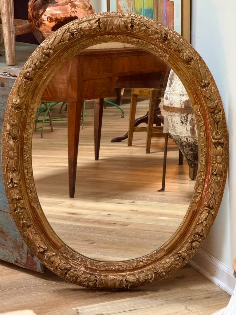 Louis XIV oval mirror with carved floral garlands and ribbons - Helen Storey Antiques