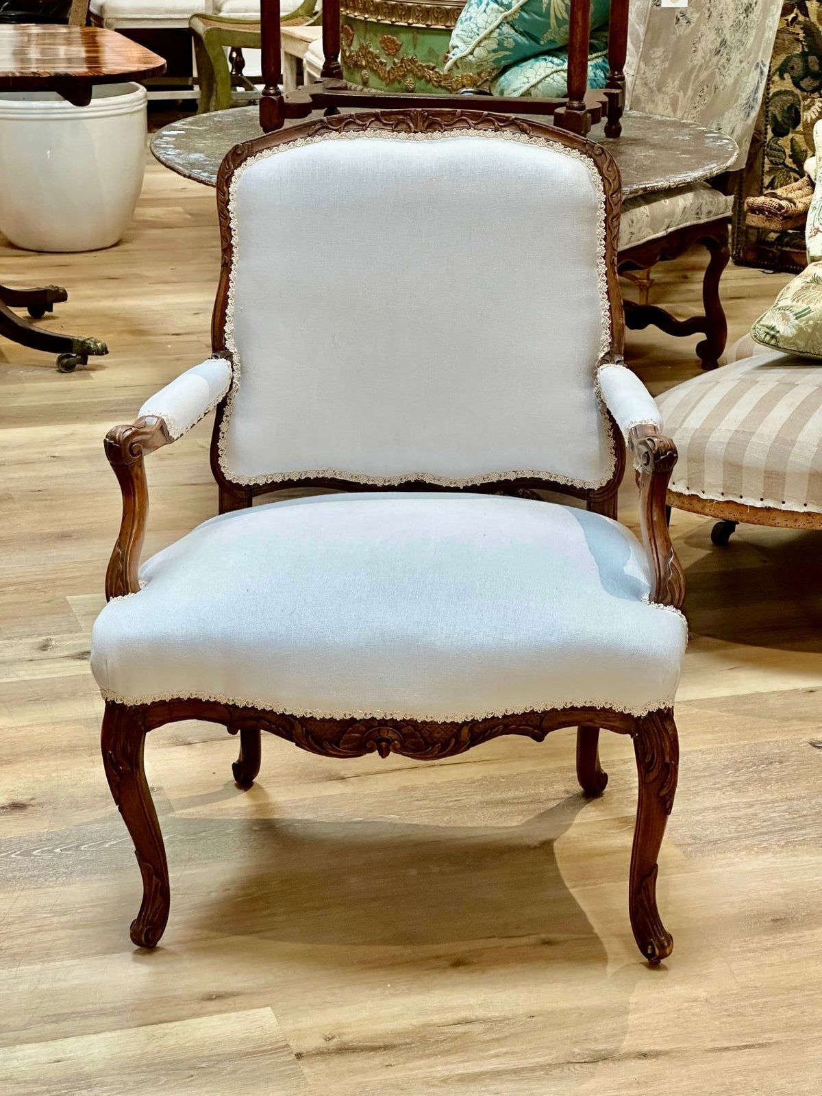 Louis XVI Fauteuil, Newly Upholstered in Linen - Helen Storey Antiques