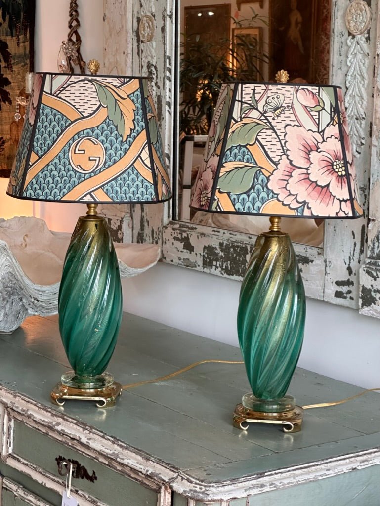 Lovely pair of 1950s Murano Lamps - Green, gold, turquoise - Helen Storey Antiques