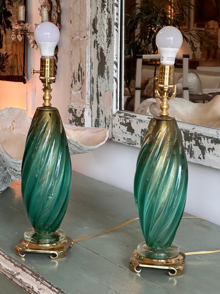 Lovely pair of 1950s Murano Lamps - Green, gold, turquoise - Helen Storey Antiques