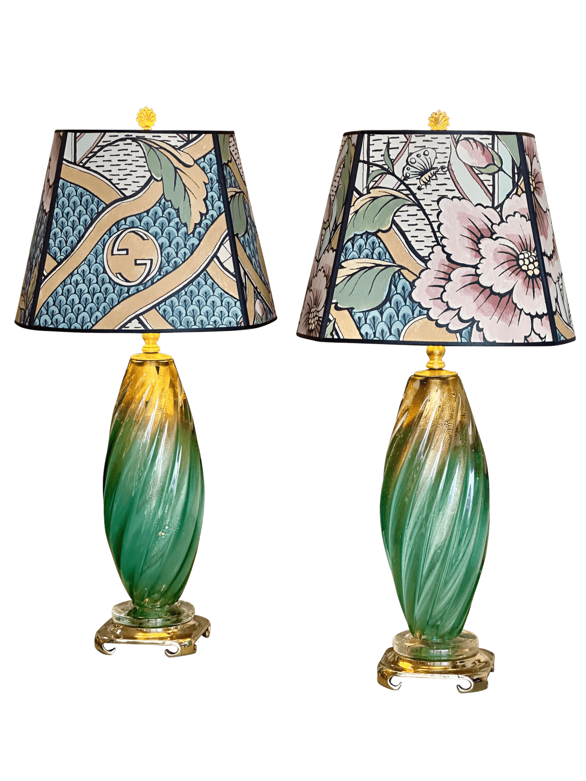 Lovely pair of 1950s Murano Lamps - Green, gold, turquoise - Helen Storey Antiques