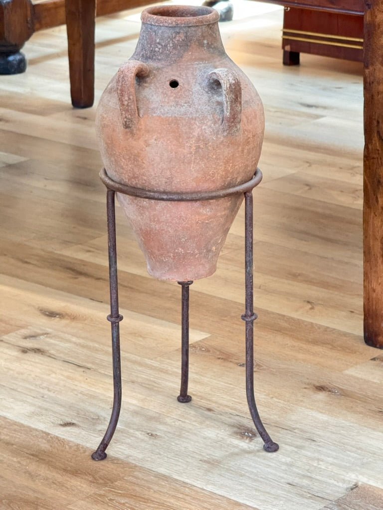 Mediterranean Hand - Thrown Terracotta Olive Jar with Iron Stand - Helen Storey Antiques