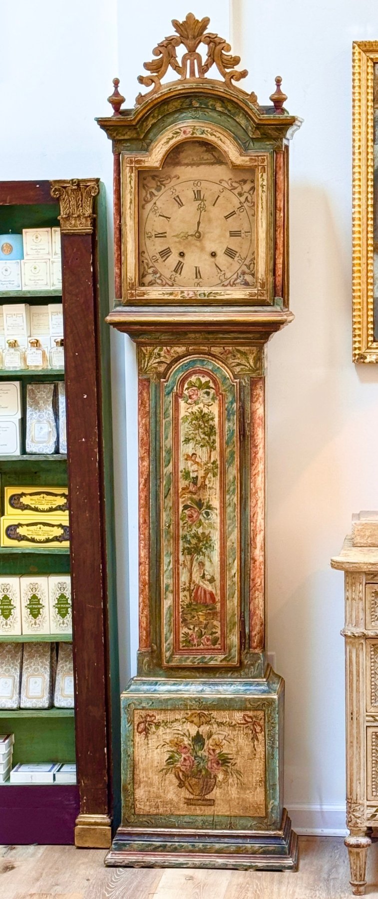 Mid - 18th Century painted tall case clock from Northern Italy - Helen Storey Antiques