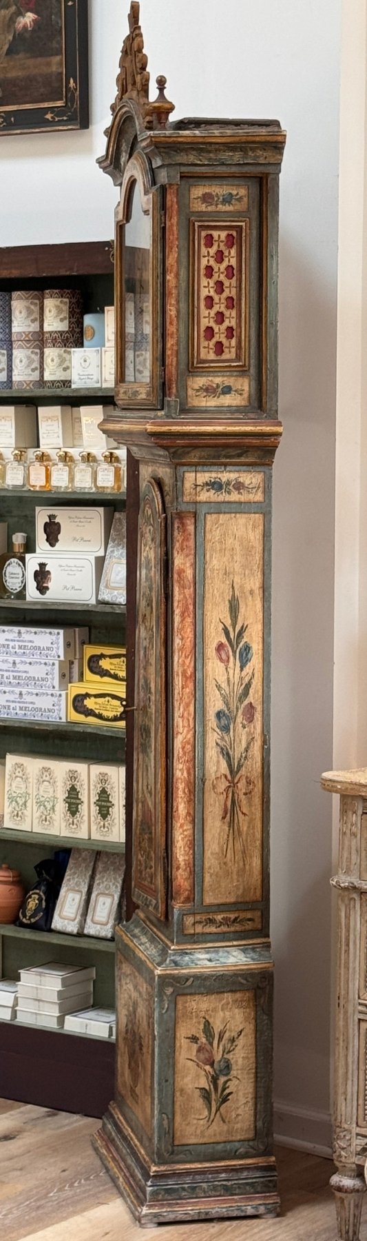 Mid - 18th Century painted tall case clock from Northern Italy - Helen Storey Antiques