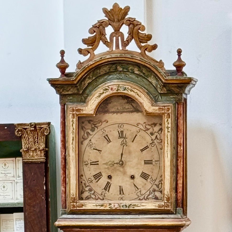 Mid - 18th Century painted tall case clock from Northern Italy - Helen Storey Antiques