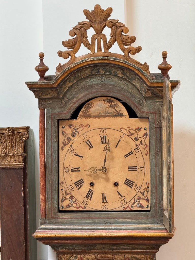 Mid - 18th Century painted tall case clock from Northern Italy - Helen Storey Antiques