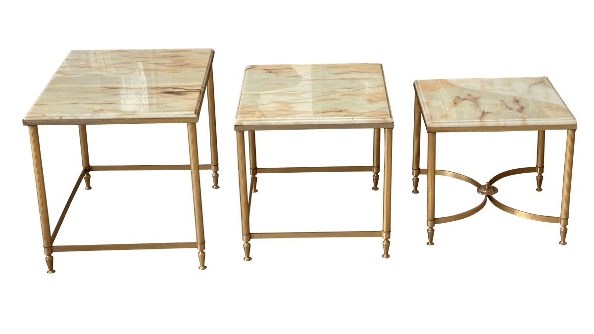 Mid - Century FRENCH GILT BRASS &amp; ONYX NESTING TABLES - Helen Storey Antiques