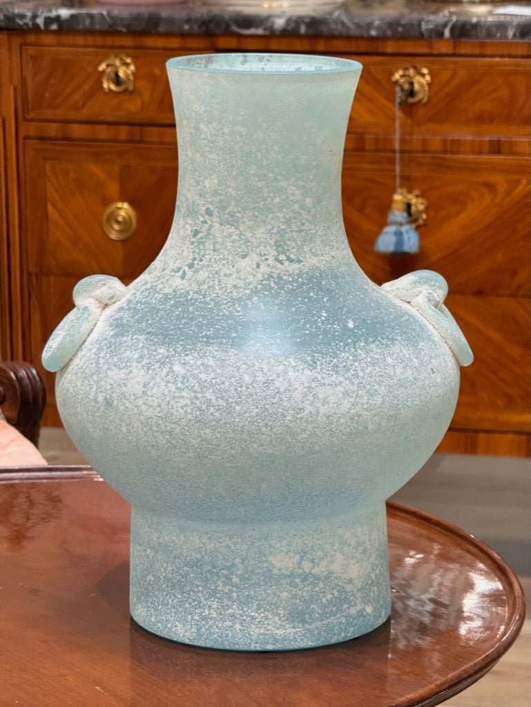 Mid - Century Italian Murano Scavo Blue Glass Vase - Helen Storey Antiques