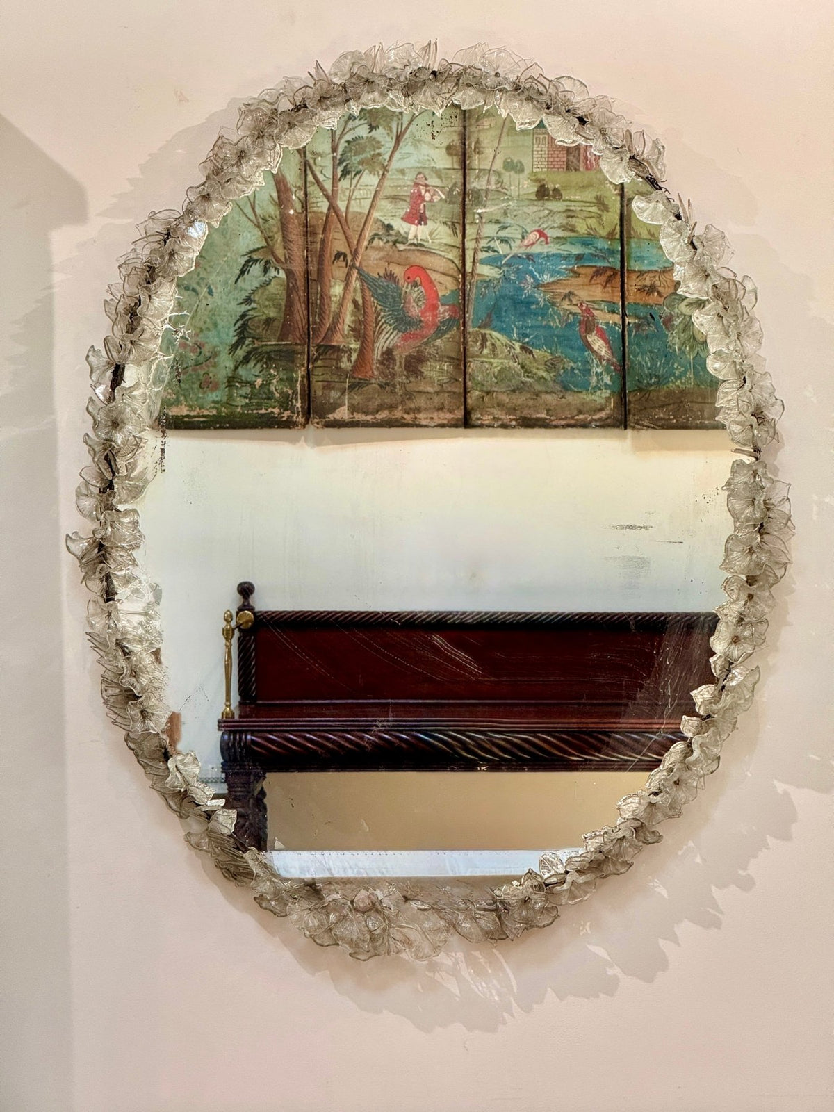 Murano Mirror rimmed with hand - blown flowers , c. 1950 - Helen Storey Antiques