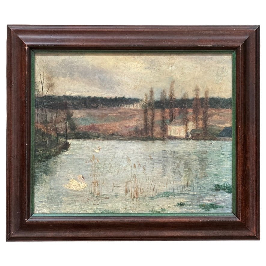 Naïve French oil-on-canvas landscape painting with swan, 19th C.
