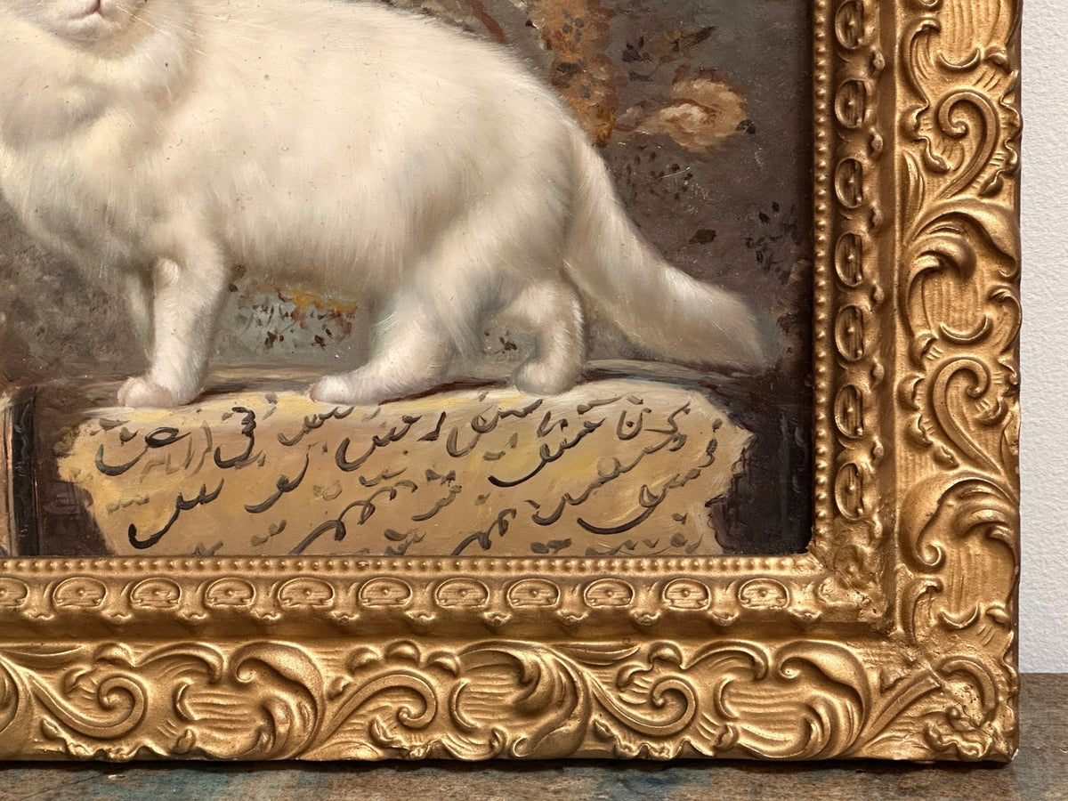 Oil on Board Depicting a White Cat - Helen Storey Antiques