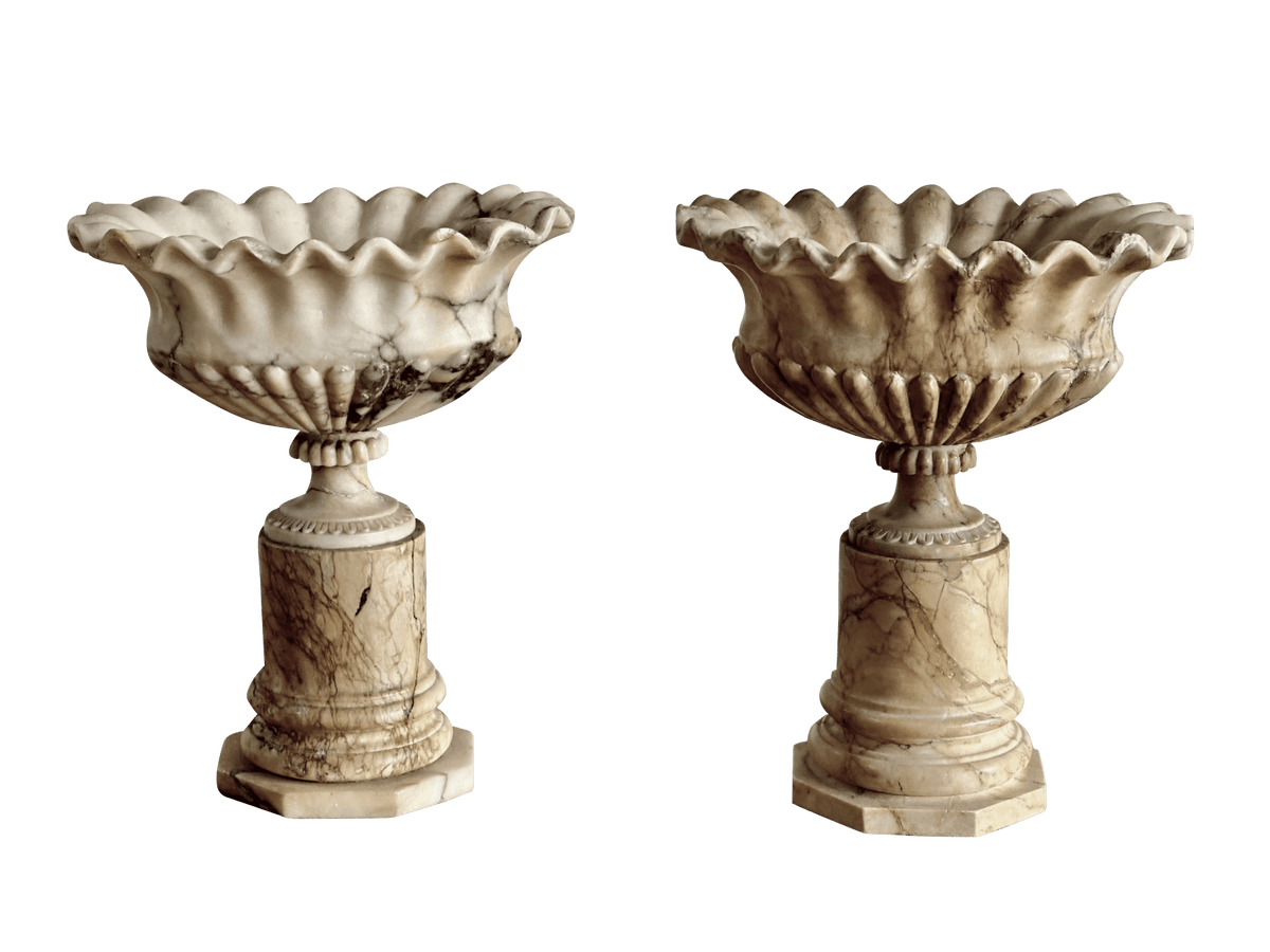 Oval Scalloped Marble Pedestal Urns, Grand Tour - Helen Storey Antiques