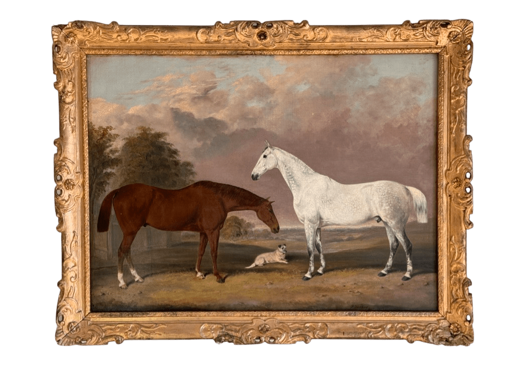 Painting of Two Horses with Dog in Landscape, British, 1863, Bretland