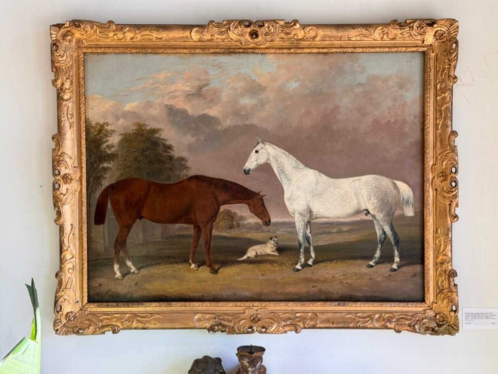 Painting of Two Horses with Dog in Landscape, British, 1863, Bretland - Helen Storey Antiques
