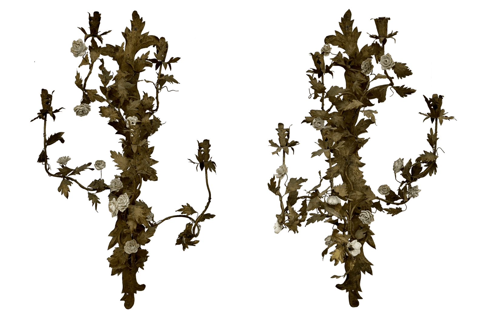 Pair large 19th Century French Tole, White Porcelain Floral Mounted Sconces