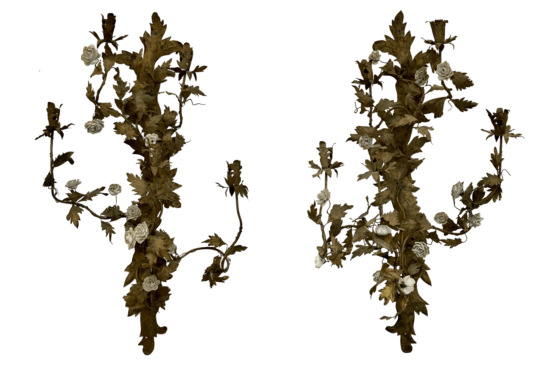 Pair large 19th Century French Tole, White Porcelain Floral Mounted Sconces