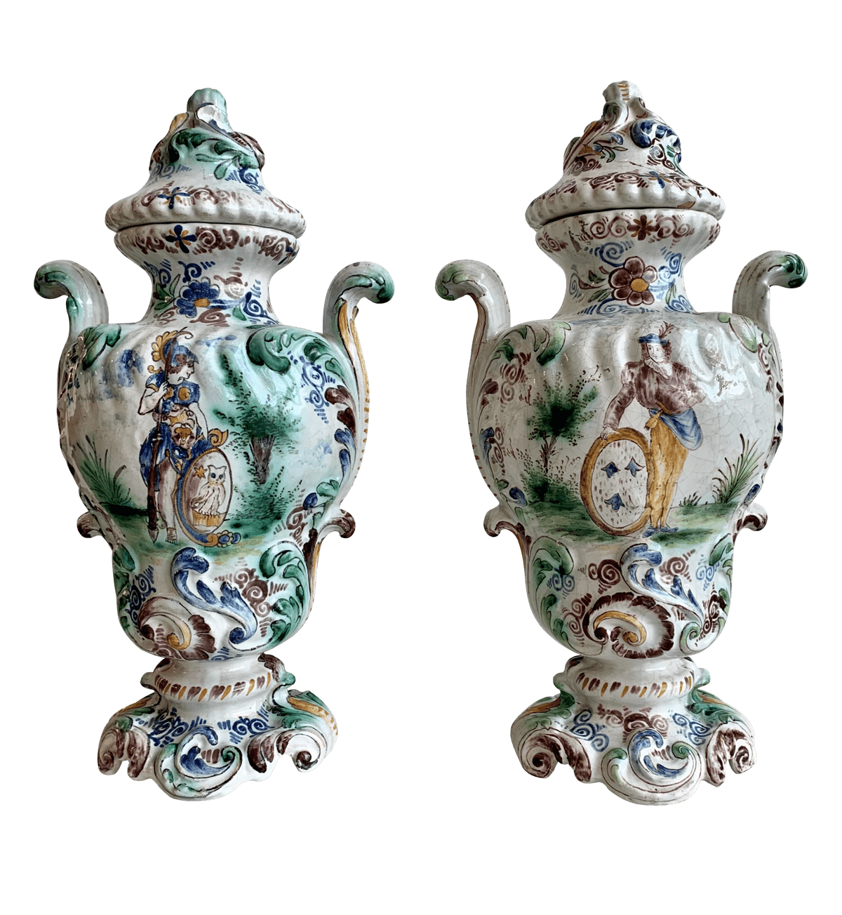 PAIR OF 18TH CENTURY ITALIAN FAIENCE VASES WITH LIDS - Helen Storey Antiques