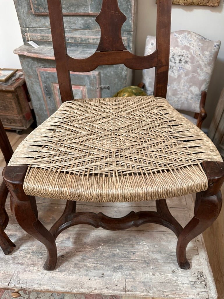 Pair of 18th Century Walnut Rococo Side Chairs with Rush Seats - Helen Storey Antiques