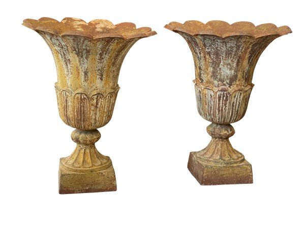 Pair of 19th Century Cast Iron Floral Form Garden Urns