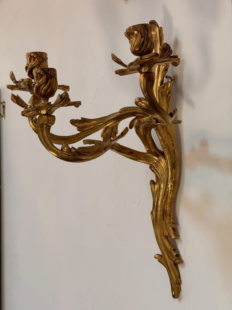 Pair of 19th Century French bronze ormolu fire-gilt, candle sconces - Helen Storey Antiques