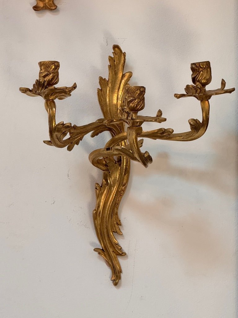Pair of 19th Century French bronze ormolu fire-gilt, candle sconces - Helen Storey Antiques