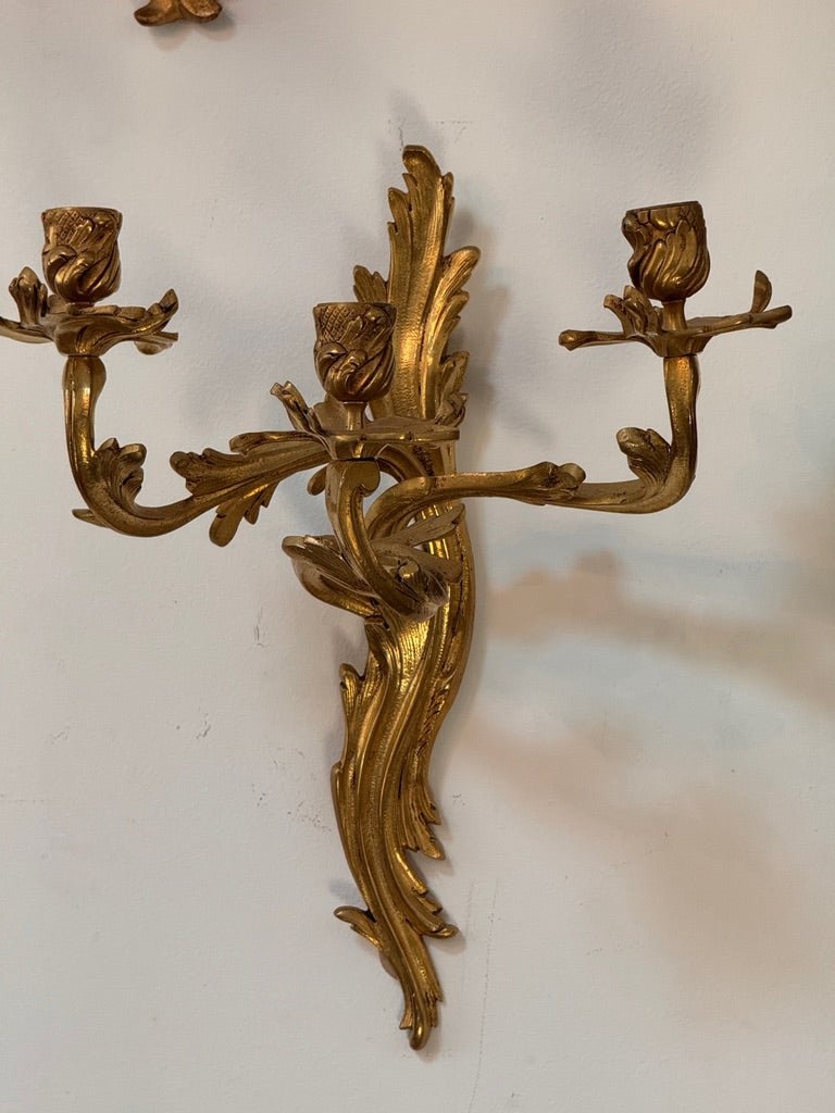 Pair of 19th Century French bronze ormolu fire-gilt, candle sconces - Helen Storey Antiques