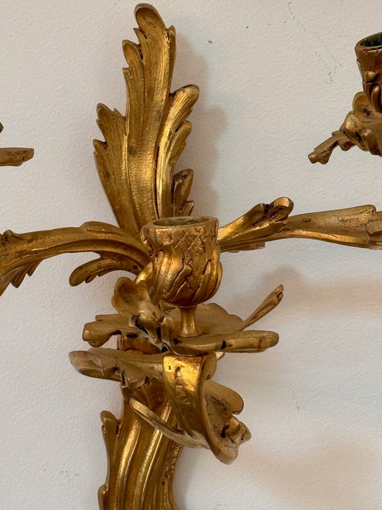 Pair of 19th Century French bronze ormolu fire-gilt, candle sconces - Helen Storey Antiques