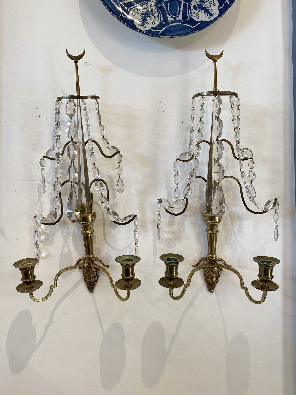 Pair of Baltic or Russian fire gilt bronze two - arm wall sconces, circa 1810 - Childs Estate - Helen Storey Antiques