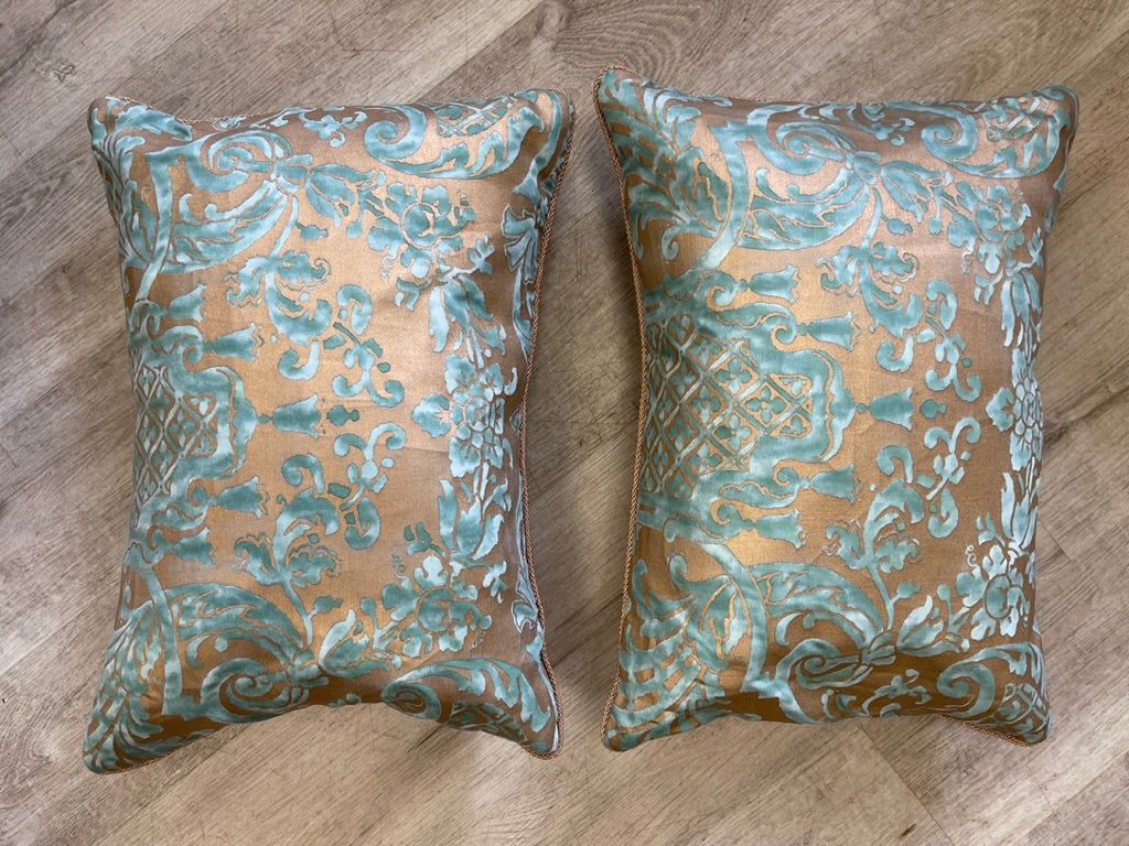 Pair of brilliant turquoise and gold Fortuny Pillows - Helen Storey Antiques