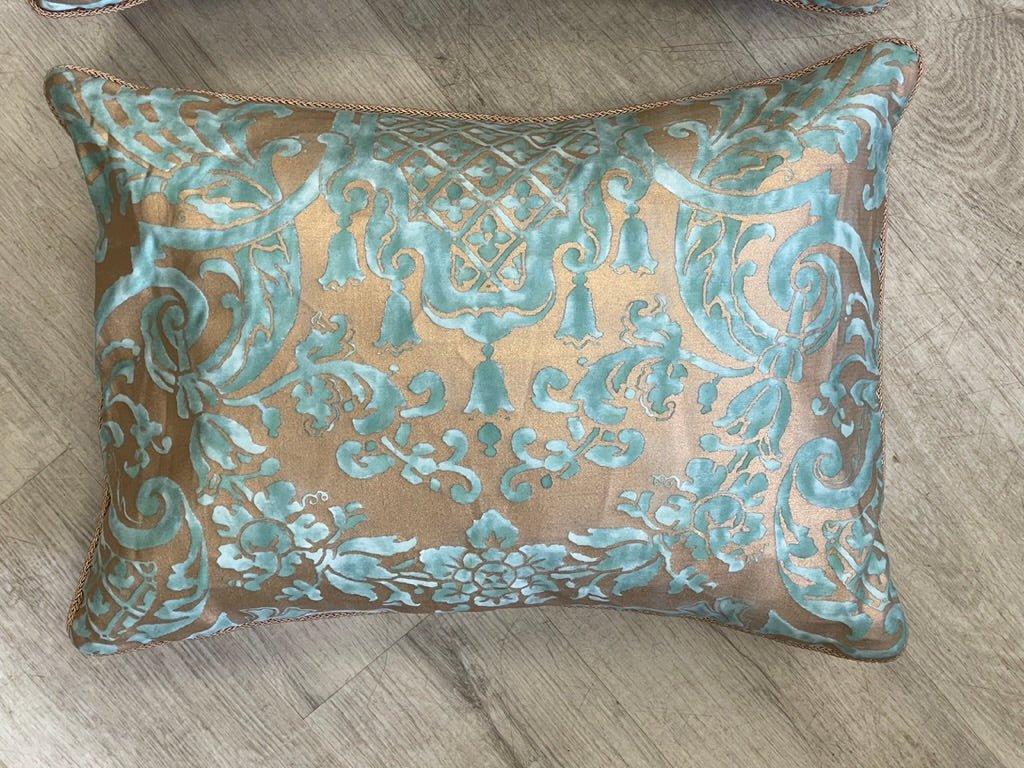 Pair of brilliant turquoise and gold Fortuny Pillows - Helen Storey Antiques