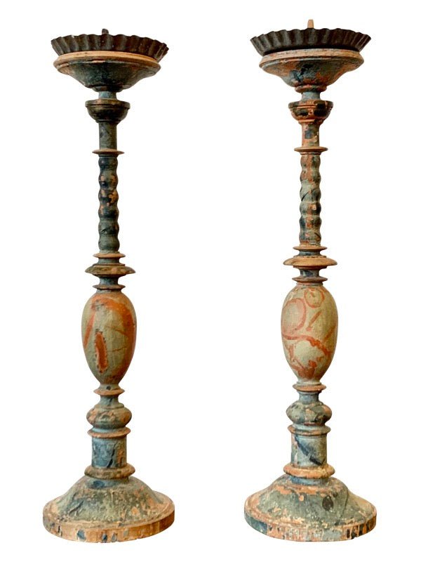 PAIR OF carved Polychrome SWEDISH CANDLESTICKS, 18TH CENTURY - Helen Storey Antiques