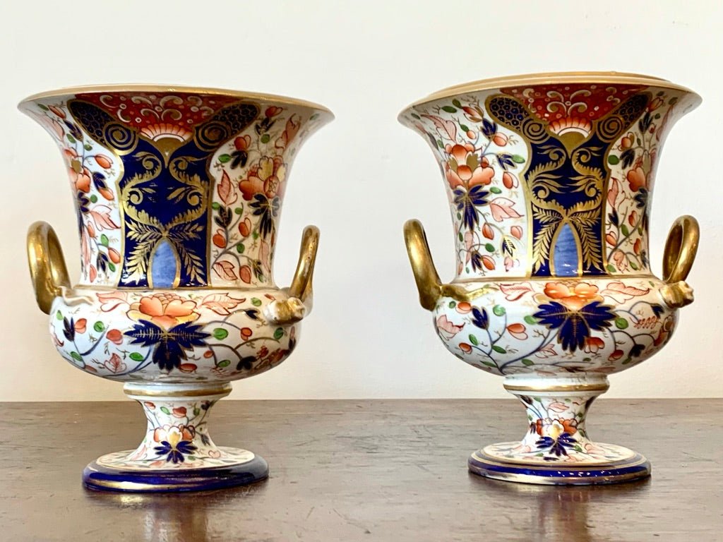 PAIR OF DERBY PORCELAIN CAMPANA URNS CIRCA 1810 - Helen Storey Antiques