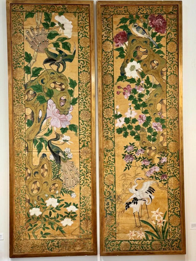 Pair of framed Hand - Painted Chinese Panels, 18th - 19th Century; Golds, greens, pinks - Helen Storey Antiques