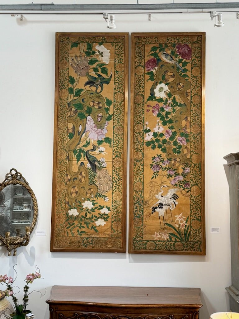 Pair of framed Hand - Painted Chinese Panels, 18th - 19th Century; Golds, greens, pinks - Helen Storey Antiques