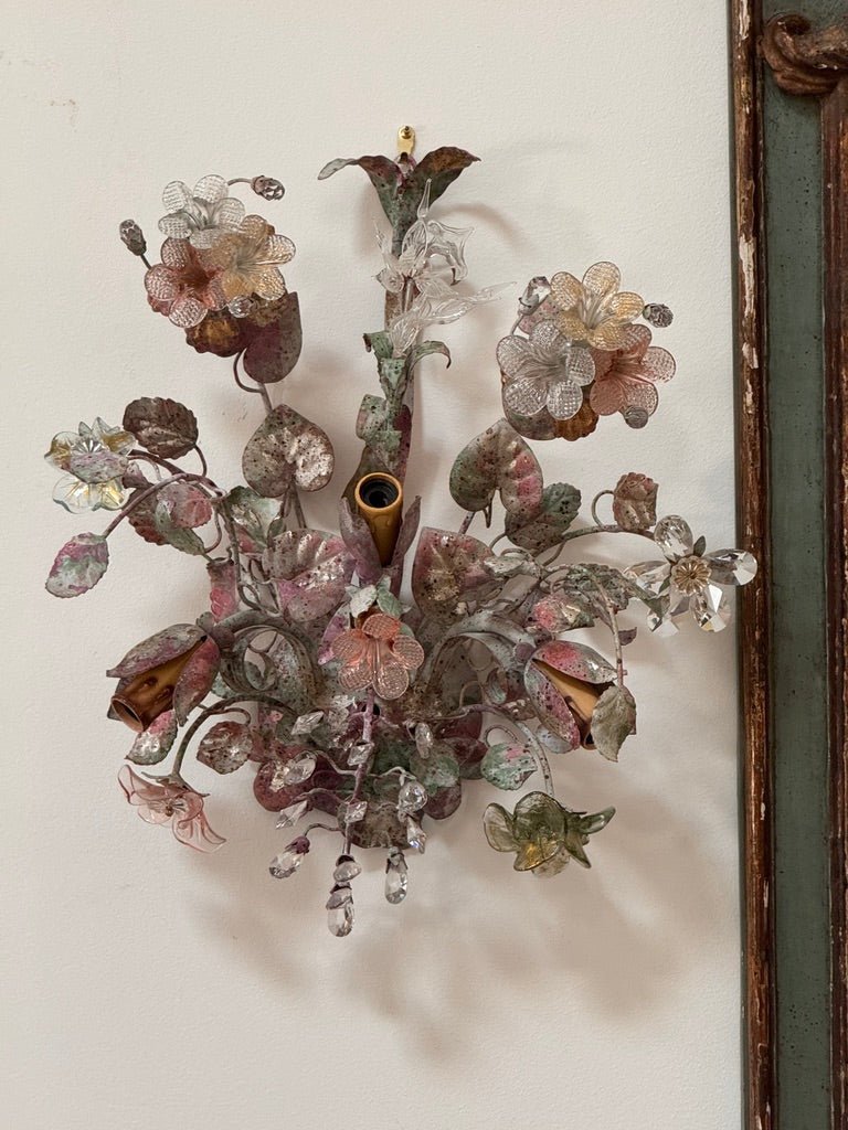 Pair of Fredrick Ramond Murano and tole floral sconces mid - century - Helen Storey Antiques