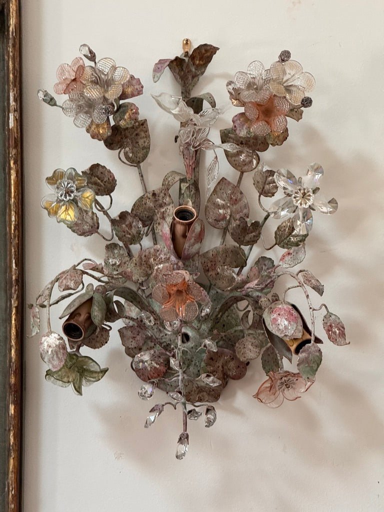Pair of Fredrick Ramond Murano and tole floral sconces mid - century - Helen Storey Antiques