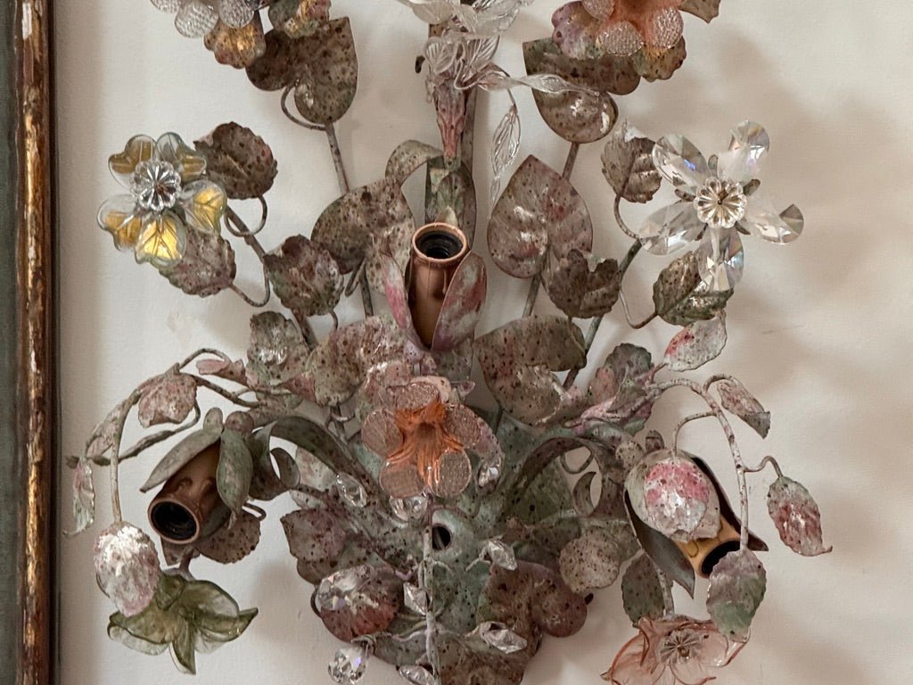 Pair of Fredrick Ramond Murano and tole floral sconces mid - century - Helen Storey Antiques