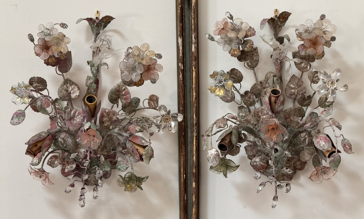 Pair of Fredrick Ramond Murano and tole floral sconces mid - century - Helen Storey Antiques