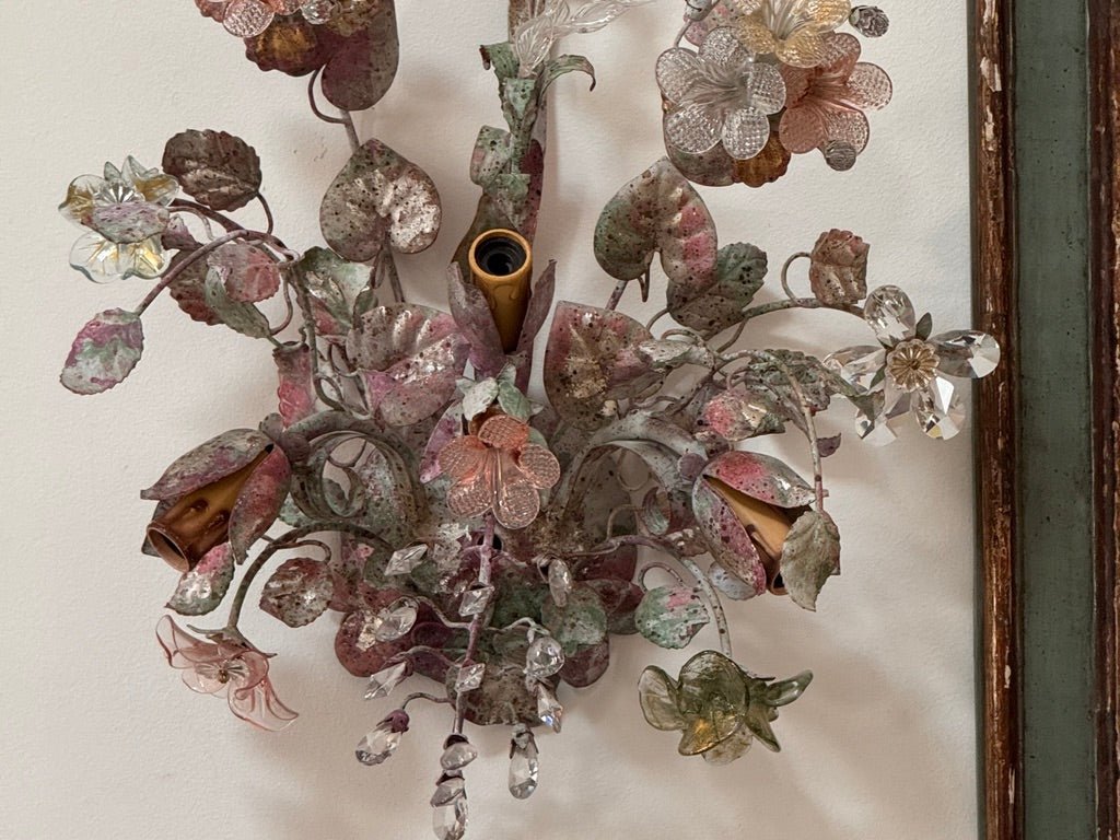 Pair of Fredrick Ramond Murano and tole floral sconces mid - century - Helen Storey Antiques