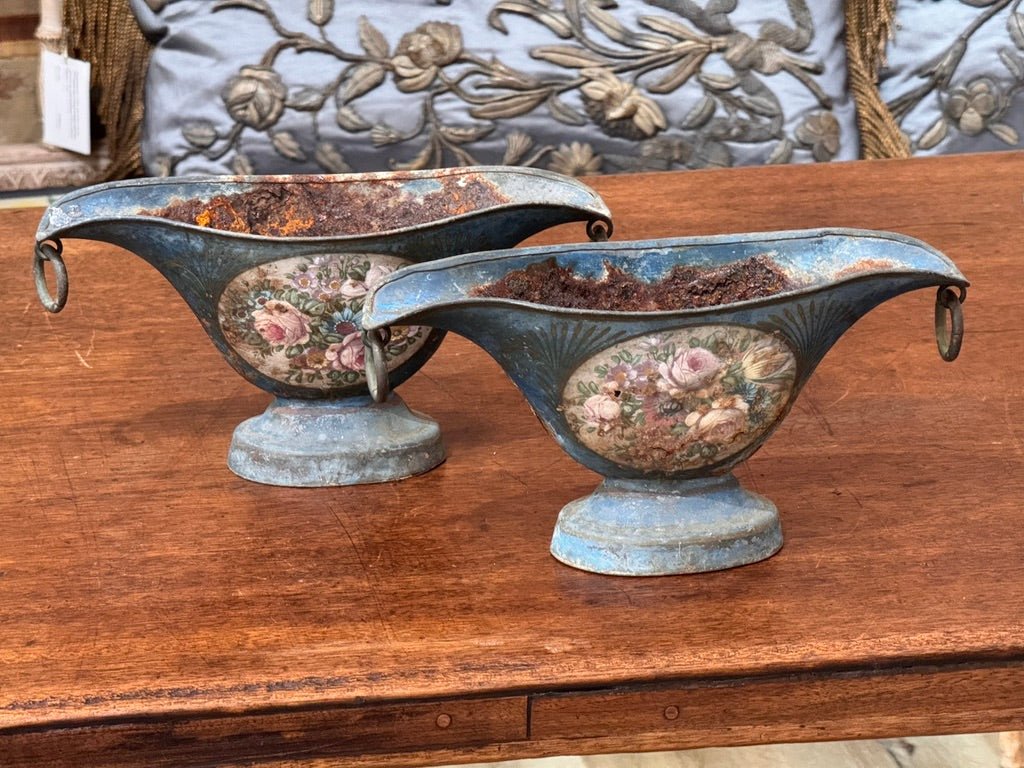 Pair of French 18th - century Blue Tole Sauceboats - Directoire period - Helen Storey Antiques