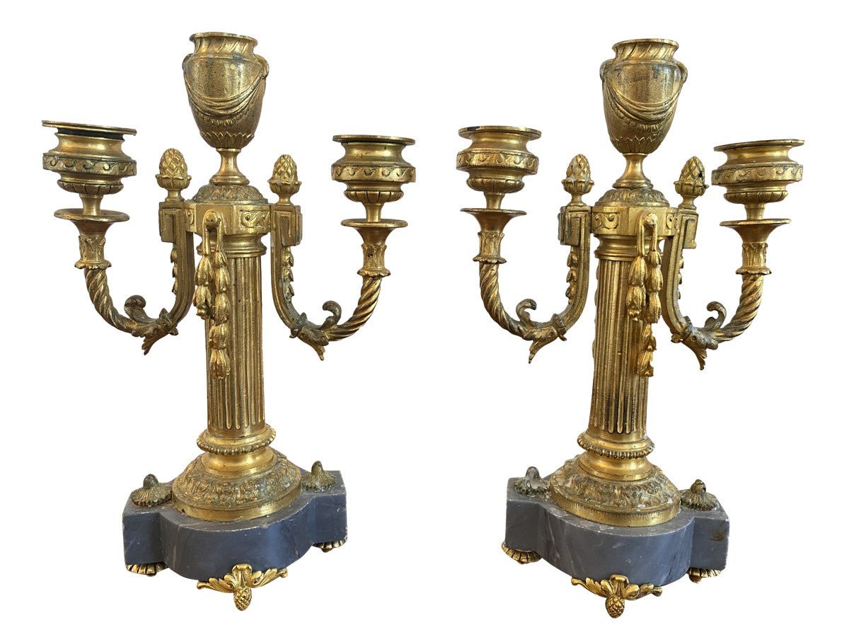 Pair of French Bronze and Marble Candelabra