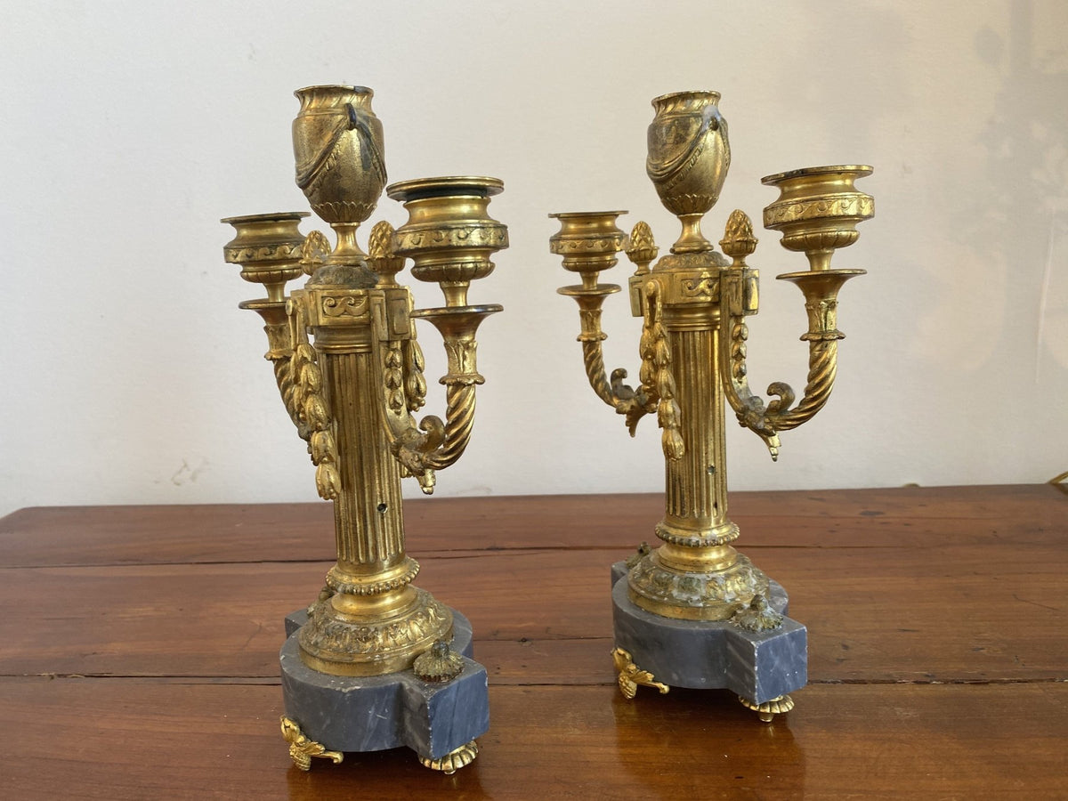 Pair of French Bronze and Marble Candelabra - Helen Storey Antiques