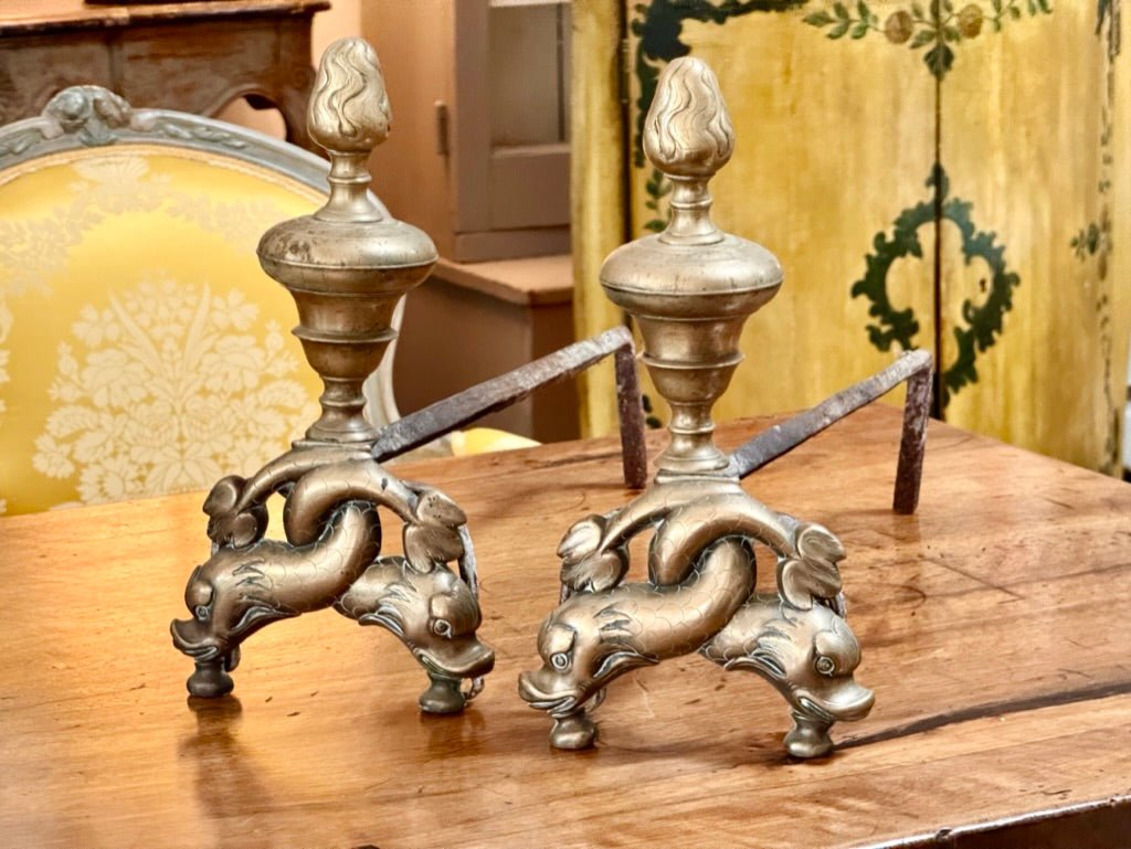 Pair of French Bronze chenets “Aux Dauphins” c. 1780, dolphin form andirons - Helen Storey Antiques